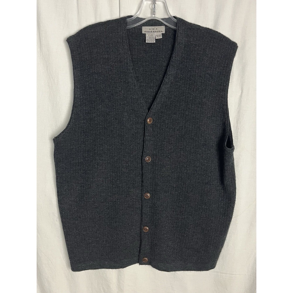 AKA Eddie Bauer Men's M 100% Merino Wool Gray Button Front Sweater Vest